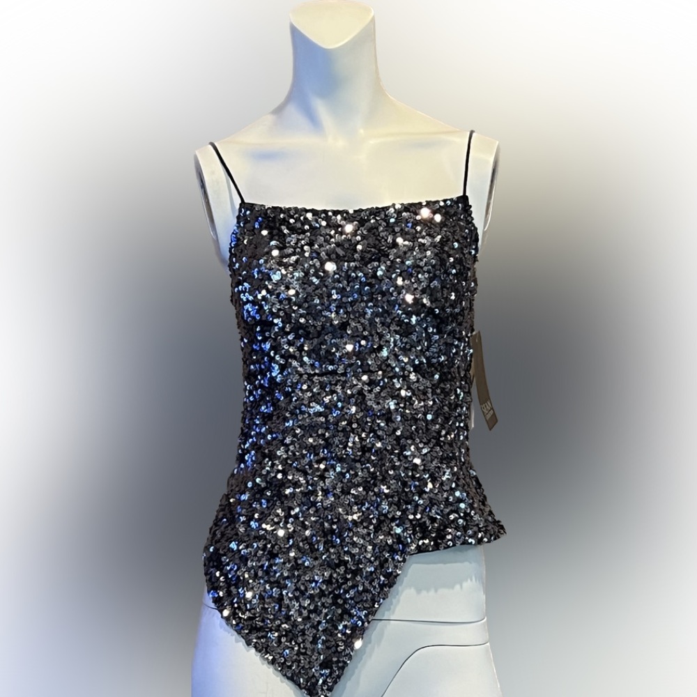 NWT Sean Collection Sequin Asymmetrical Camisole Silver Spaghetti Straps SZ XS
